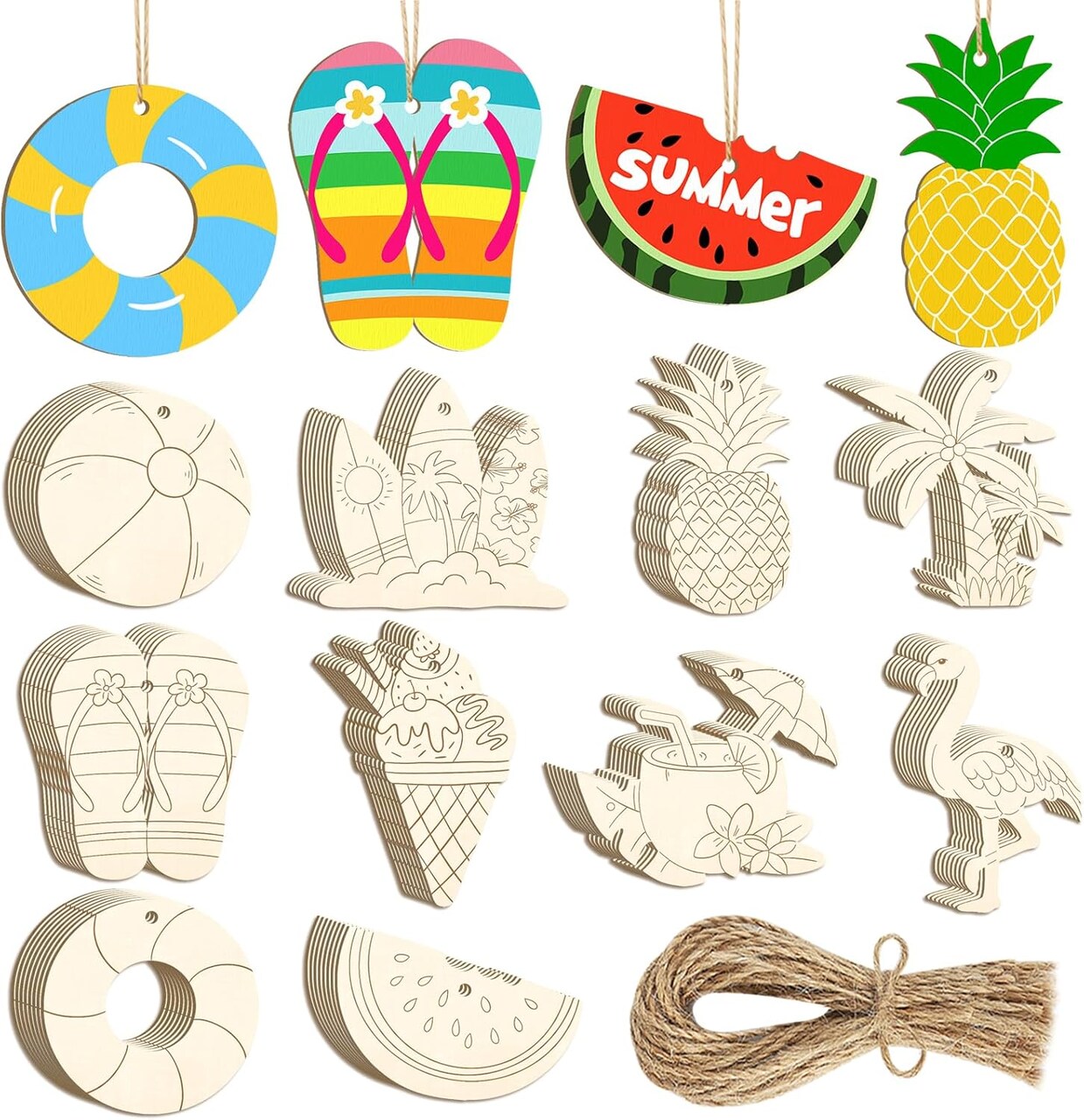 80-Piece DIY Wooden Summer Ornaments to Paint | 10 Styles Blank Beach Cutouts – Watermelon, Surfboard, Slippers, Coconut Tree for Crafts, Hanging Decor & Home Party Supplies